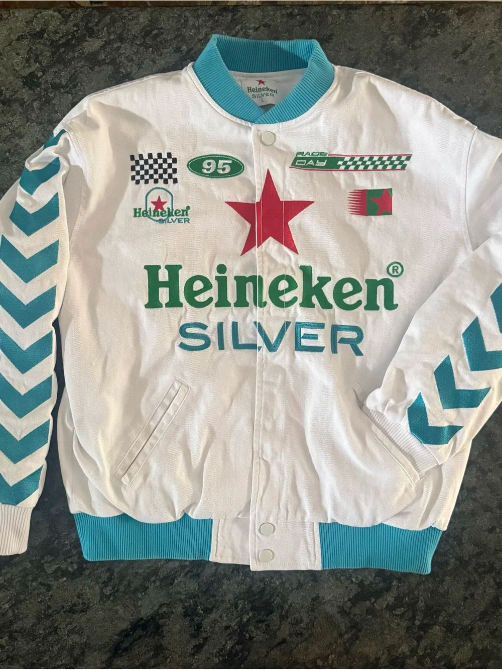 Men’s White & Teal Formula One  Racing Jacket, size Large.  Las Vegas  2025